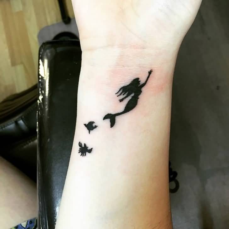 Classic Black Ink Small Mermaid Tattoo On Left Wrist