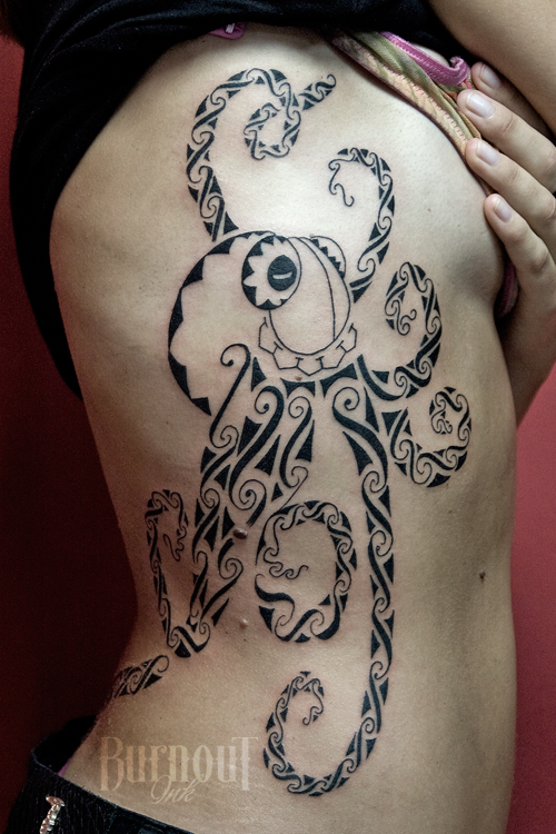 Classic Black Maori Octopus Tattoo On Girl Right Side Rib