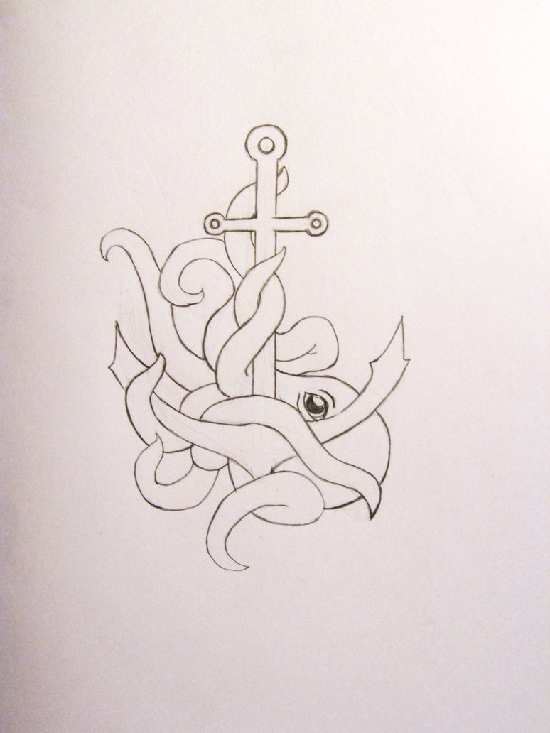 Classic Black Outline Octopus With Anchor Tattoo Stencil