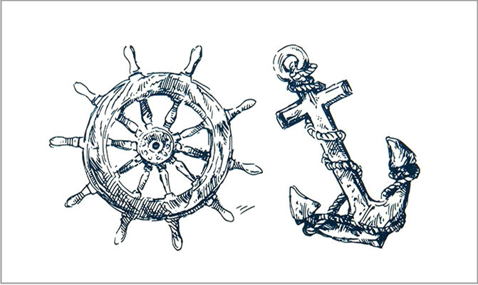 Classic Black Pirate Anchor With Ship Wheel Tattoo Design