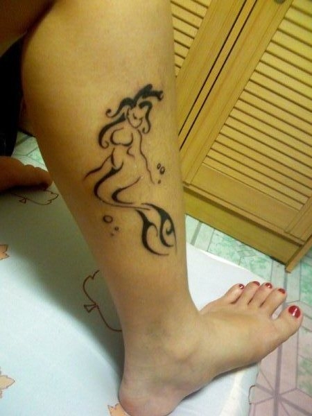 Classic Black Tribal Mermaid Tattoo On Left Leg