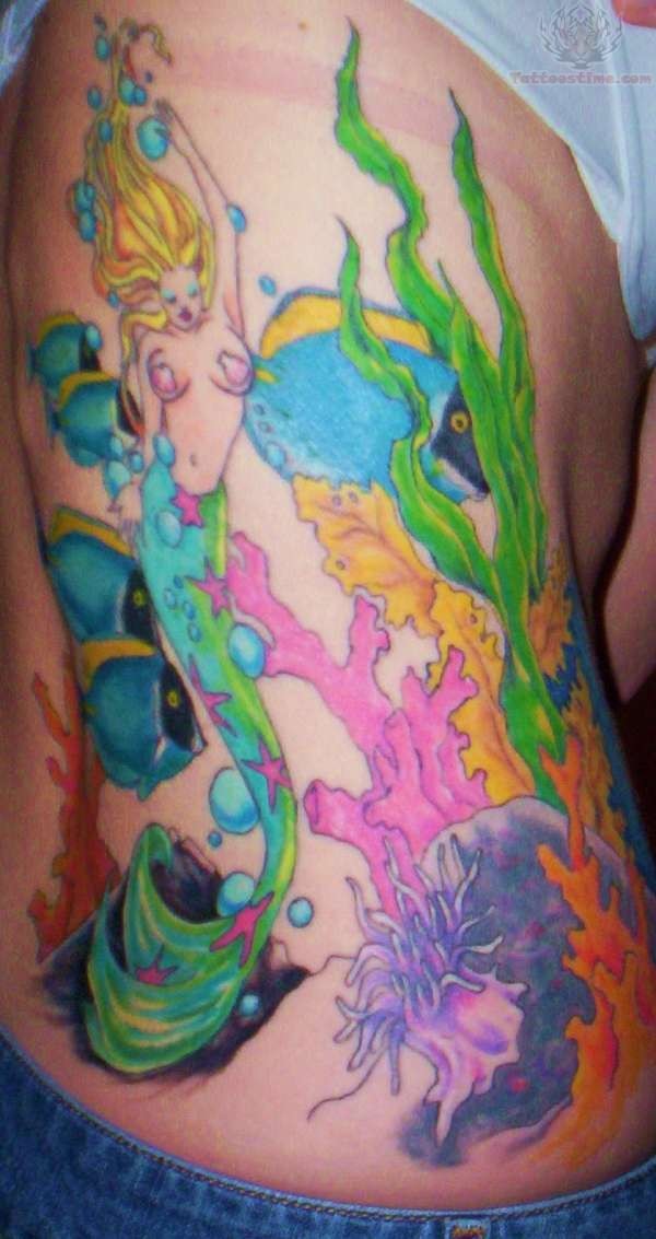 Classic Colorful Mermaid Tattoo On Right Side Rib