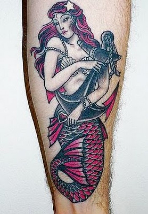 Classic Colorful Mermaid With Anchor Tattoo Design For Sleeve