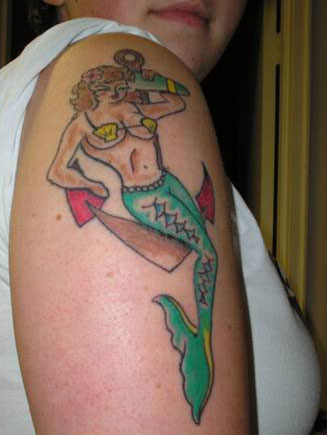 Classic Colorful Mermaid With Anchor Tattoo On Right Shoulder