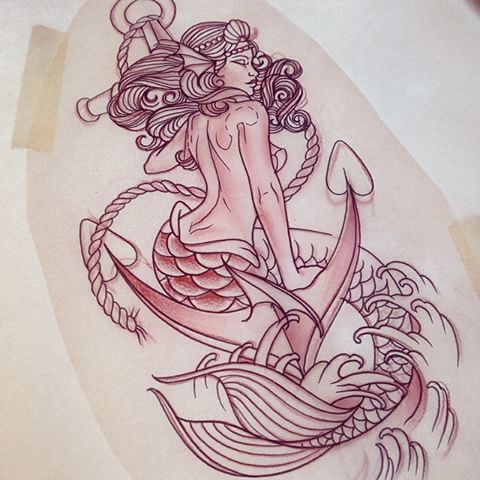 Classic Neo Mermaid With Anchor Tattoo Design