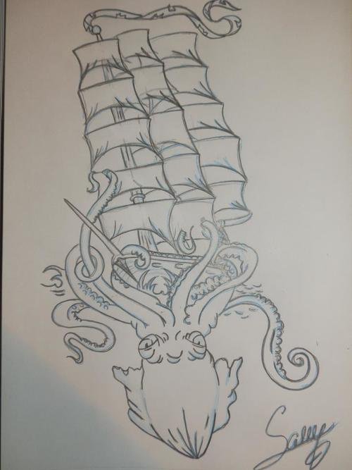Classic Outline Octopus With Ship Tattoo Design