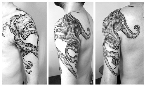 Classic Pirate Octopus Tattoo On Man Left Shoulder