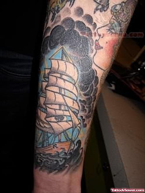 Classic Pirate Ship Tattoo Design For Half Sleeve