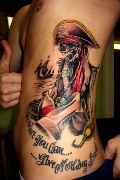 Classic Pirate Skeleton Tattoo On Man Left Side Rib