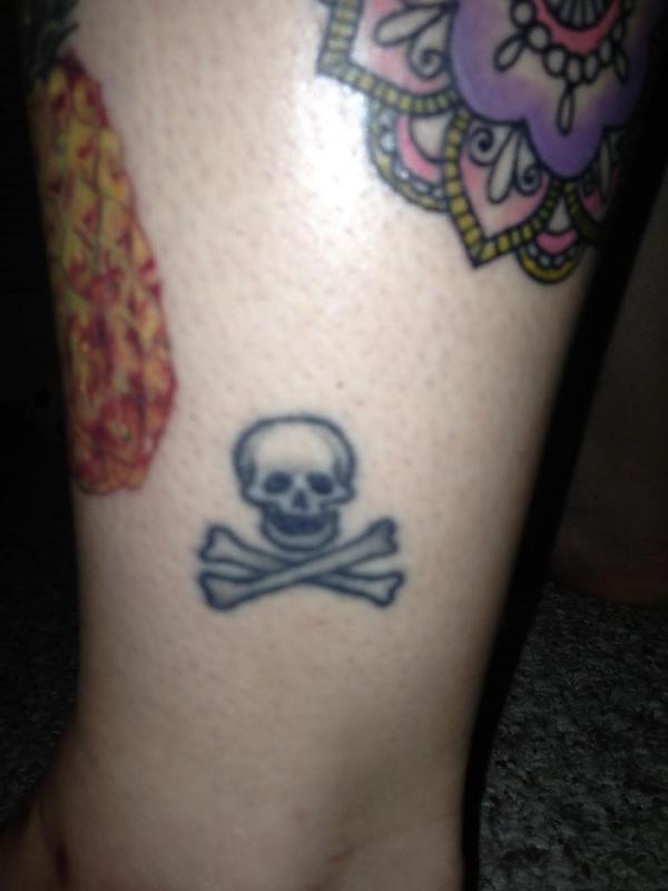 Classic Pirate Skull With Crossbone Tattoo On Right Leg