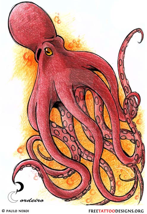 Classic Red Ink Octopus Tattoo Design
