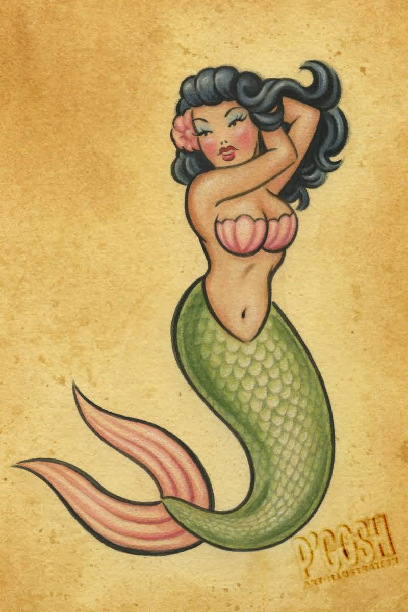 Classic Traditional Mermaid Tattoo Design