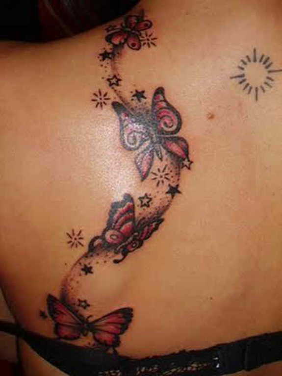 Color Butterflies And Star Tattoos On Back Shoulder