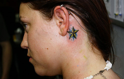 Color Nautical Star Tattoo Behind Ear