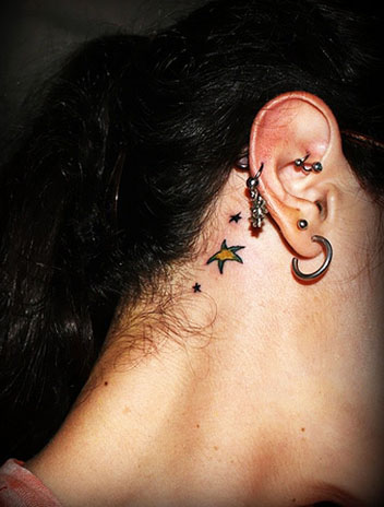 Color Stars Tattoo Behind Ear For Young Girls