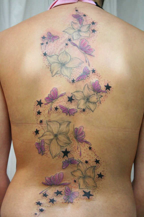 Colored Flowers, Butterflies And Star Tattoos On Full Back