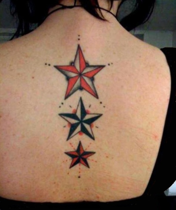Colored Nautical Star Tattoos On Back