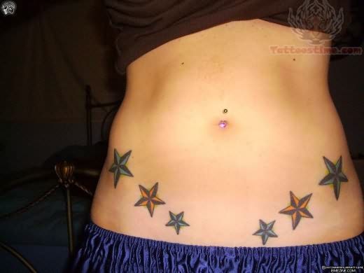 Colored Nautical Star Tattoos On Both Hips