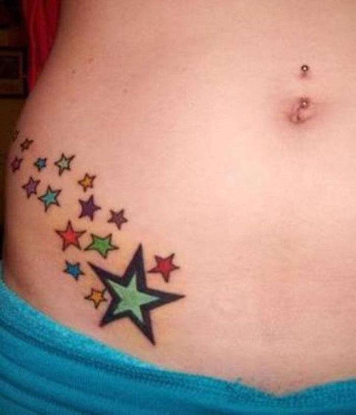 Colored Star Tattoos On Girl Right Hip