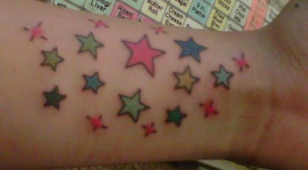 Colored Star Tattoos On Left Wrist For Girls