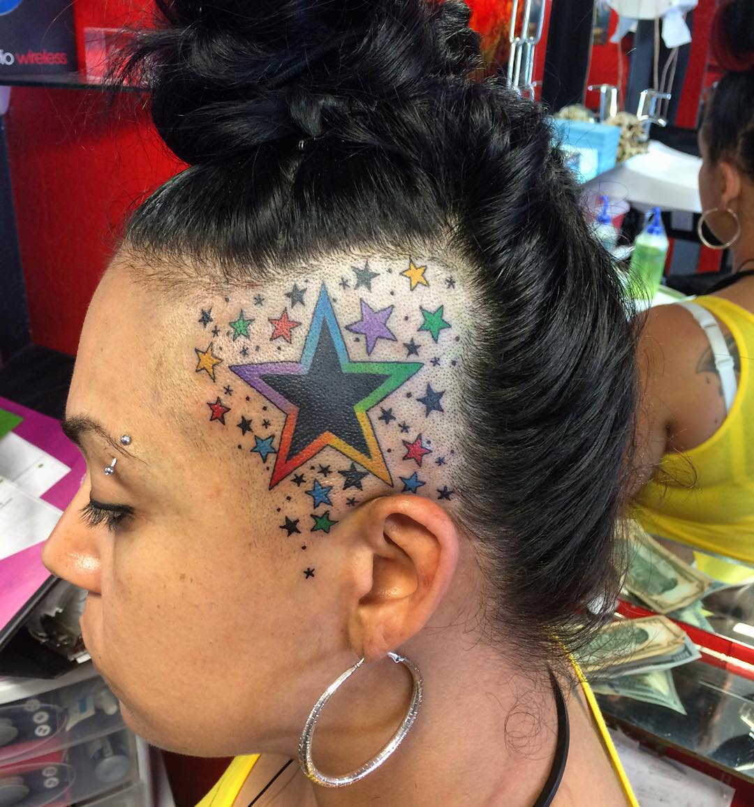 Colored Stars Tattoos On Girl Head