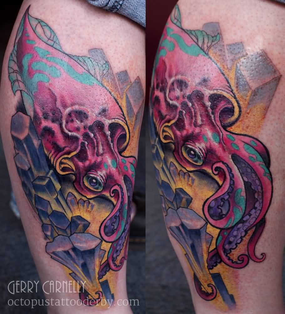 Colorful 3D Octopus Tattoo On Leg Calf