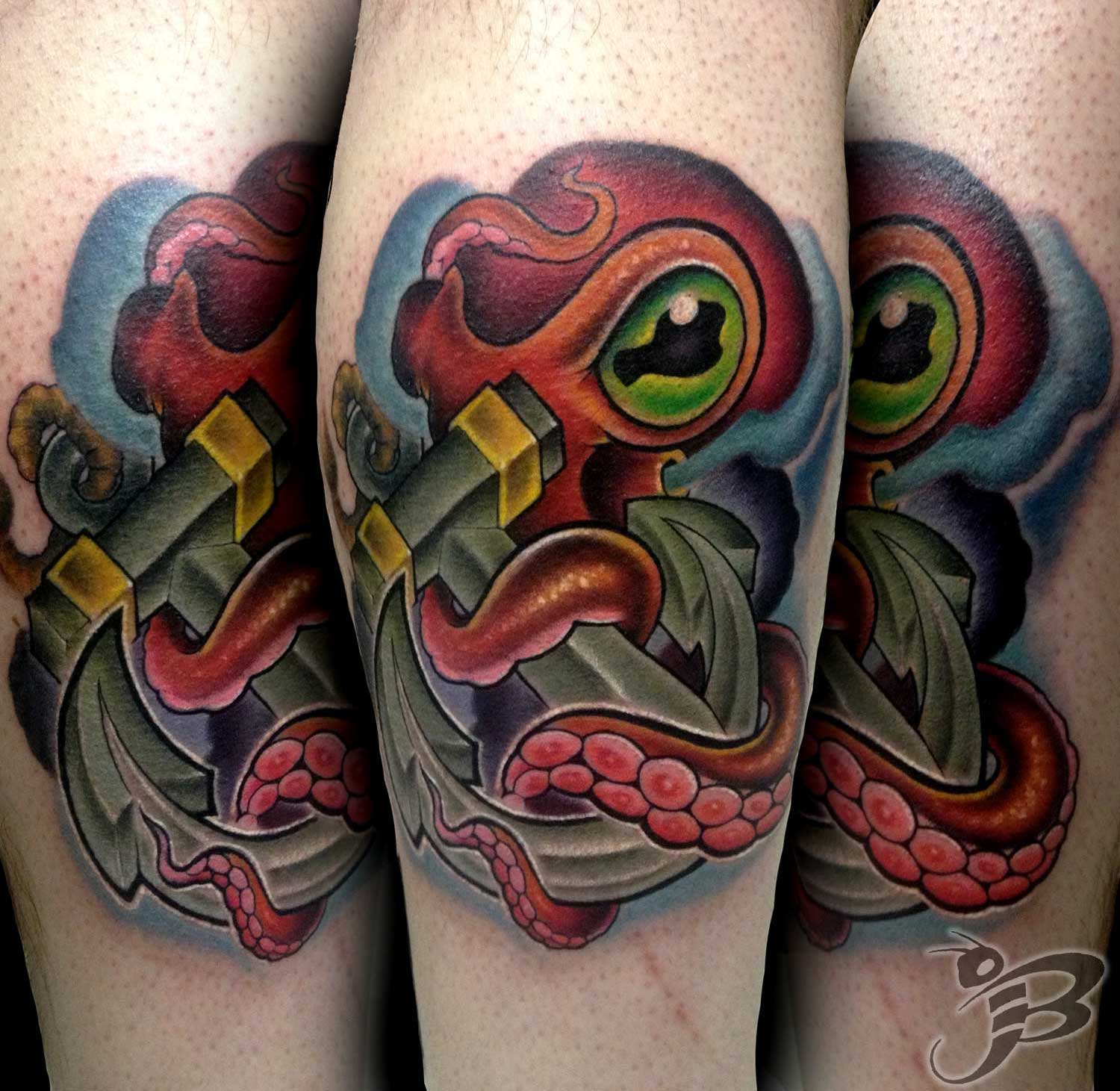 Colorful 3D Octopus With Anchor Tattoo Design For Leg Calf