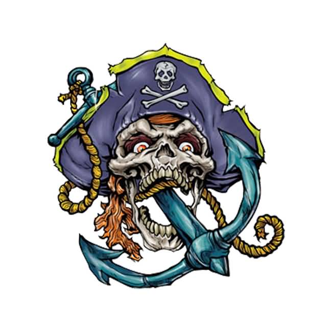 Colorful Anchor In Pirate Skull Tattoo Design