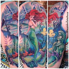 Colorful Ariel Mermaid Tattoo On Right Half Sleeve