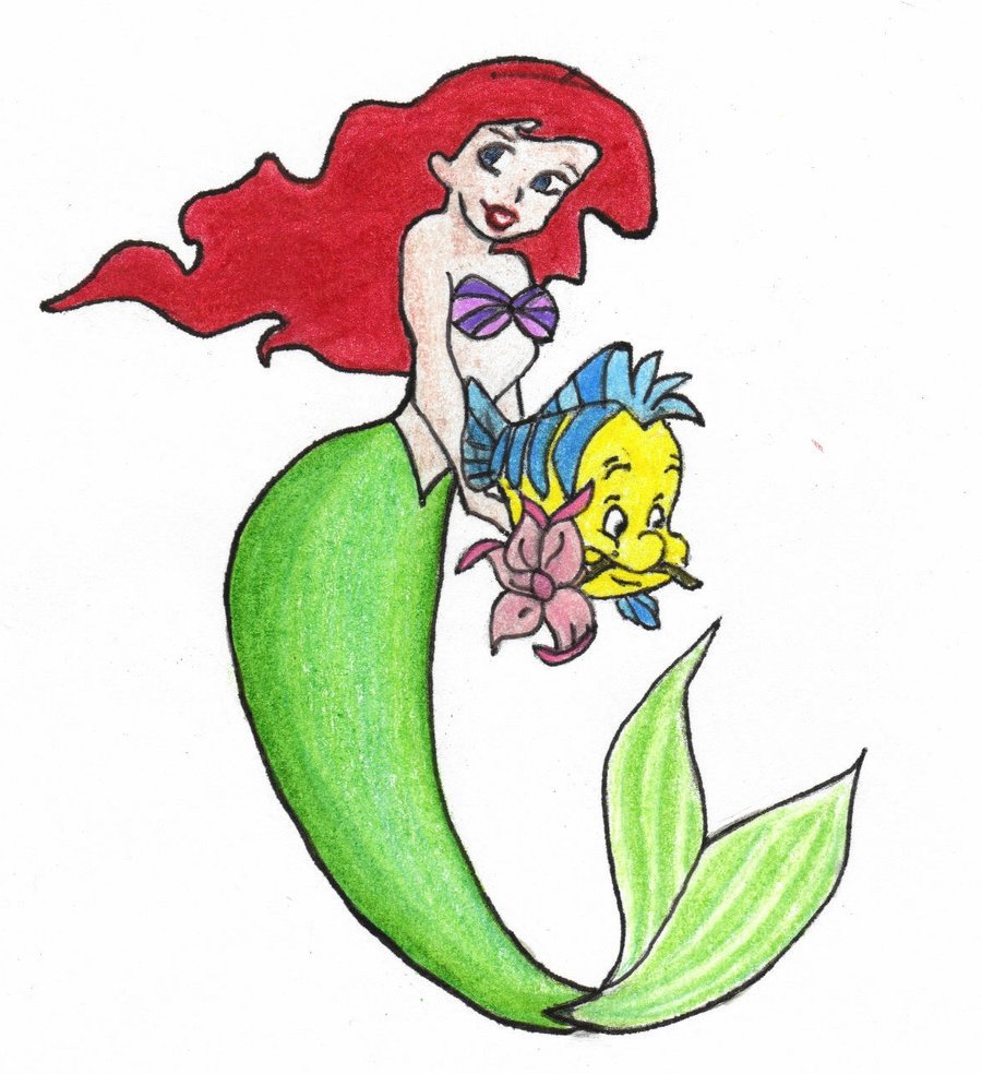 Colorful Ariel Mermaid With Fish Tattoo Design