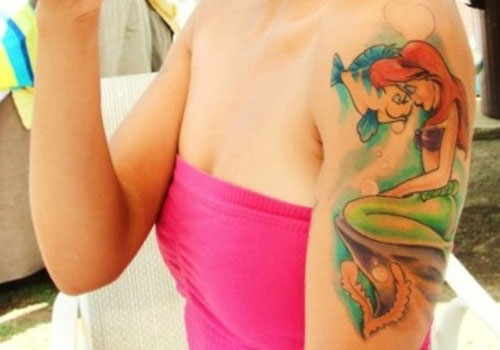 Colorful Ariel Mermaid With Fish Tattoo On Girl Left Shoulder