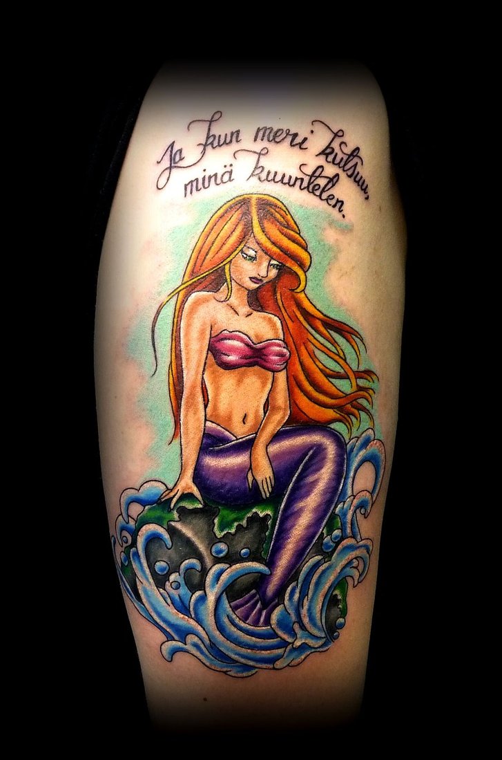 Colorful Beautiful Mermaid Tattoo Design For Leg Calf By Taigeri