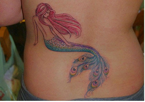 Colorful Beautiful Mermaid Tattoo On Lower Back