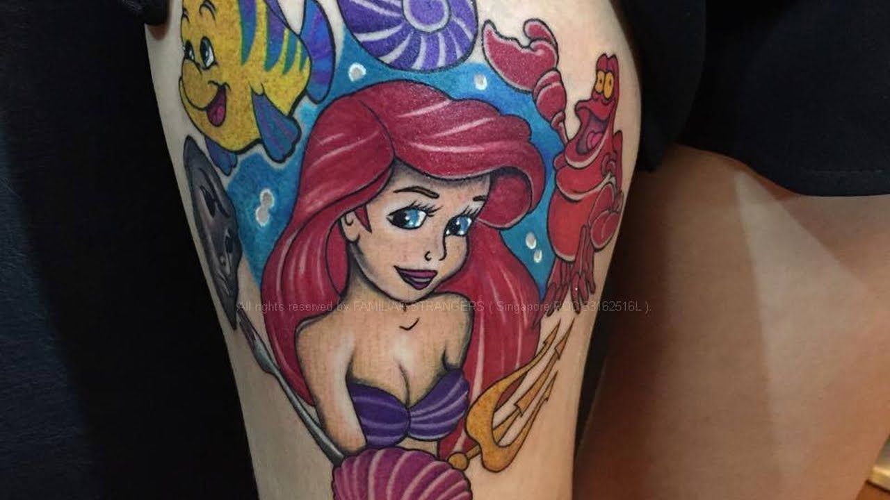 Colorful Cute Little Mermaid Tattoo On Right Thigh