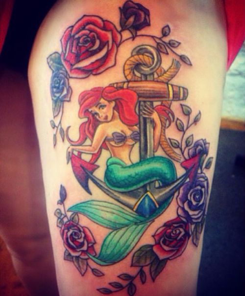 Colorful Little Mermaid On Anchor And Flowers Tattoo On Girl Thigh