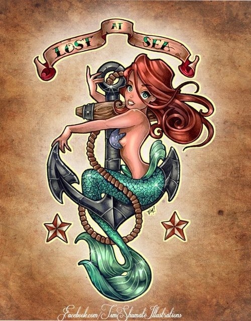 Colorful Little Mermaid On Anchor With Banner Tattoo Design