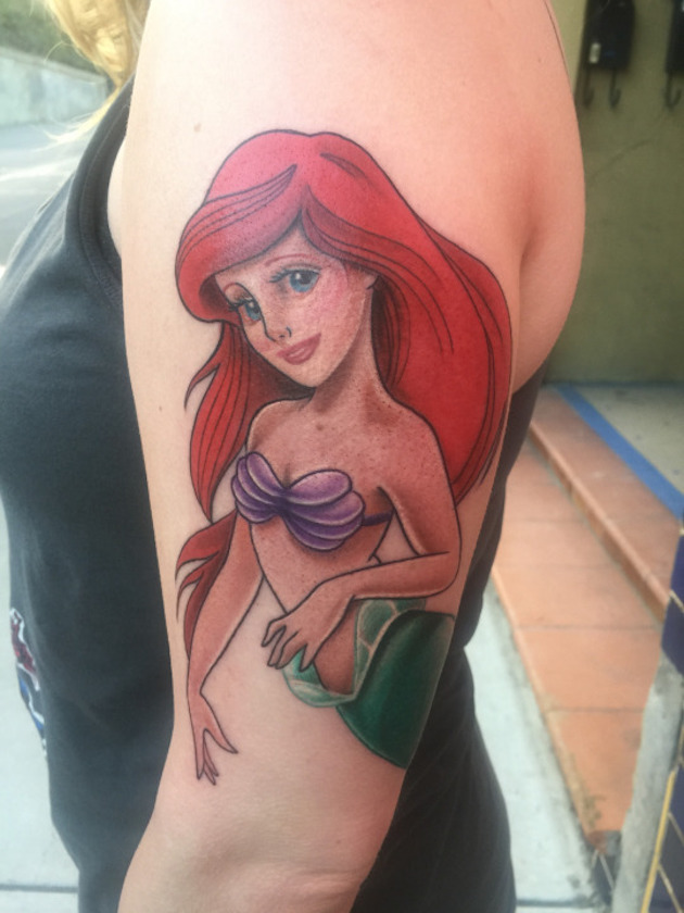 Colorful Little Mermaid Tattoo On Left Half Sleeve