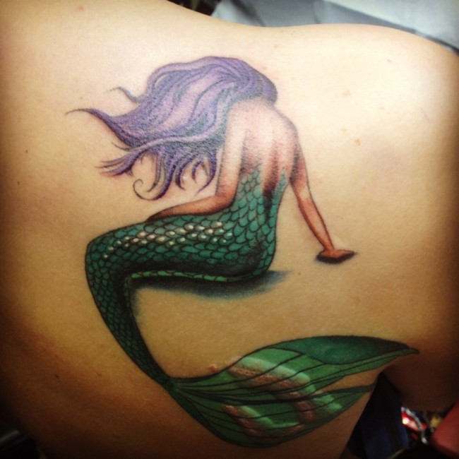 Colorful Little Mermaid Tattoo On Right Back Shoulder