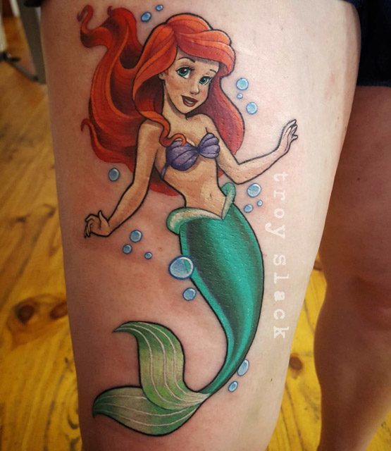 Colorful Little Mermaid Tattoo On Right Thigh