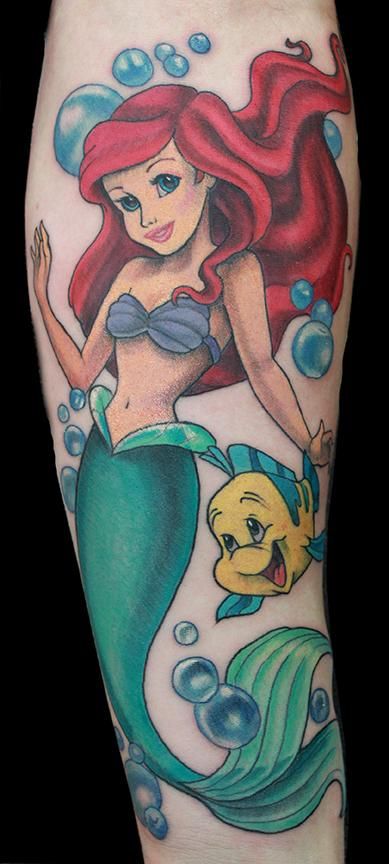 Colorful Little Mermaid With Fish Tattoo Design For Sleeve