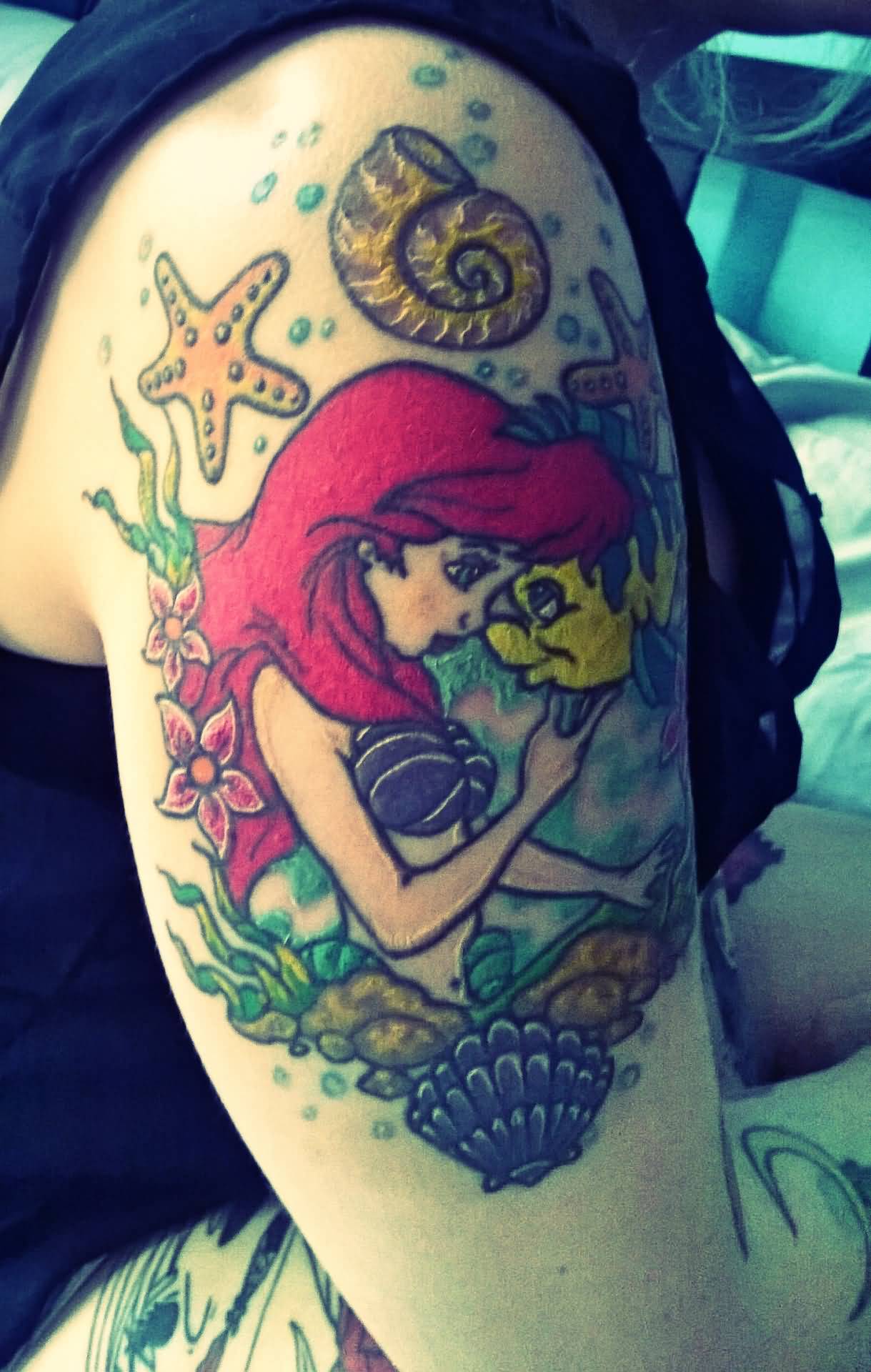 Colorful Little Mermaid With Fish Tattoo On Right Shoulder
