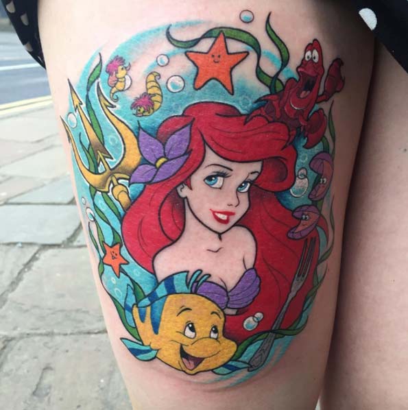 Colorful Little Mermaid With Fish Tattoo On Right Thigh