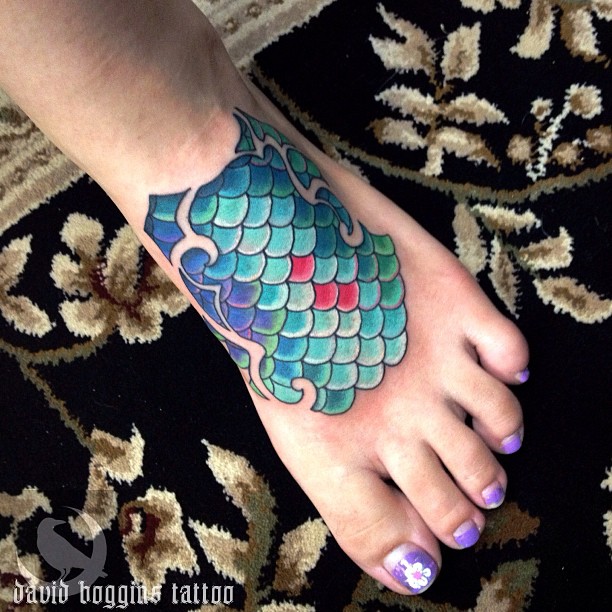 Colorful Mermaid Scale Tattoo On Girl Left Foot