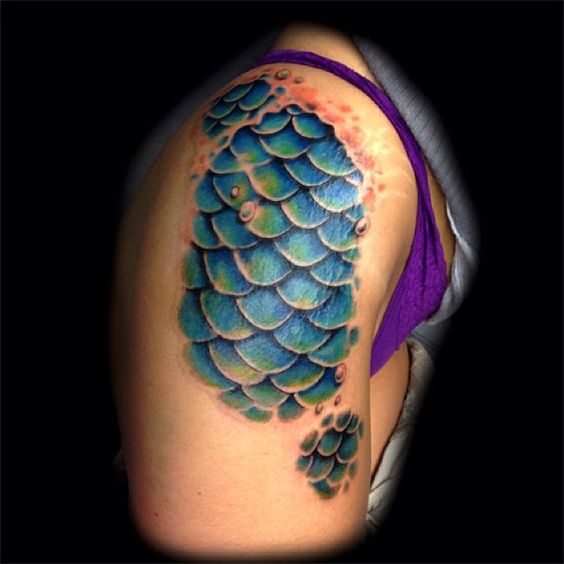 Colorful Mermaid Scale Tattoo On Girl Right Shoulder