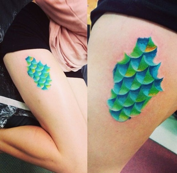 Colorful Mermaid Scale Tattoo On Girl Right Thigh