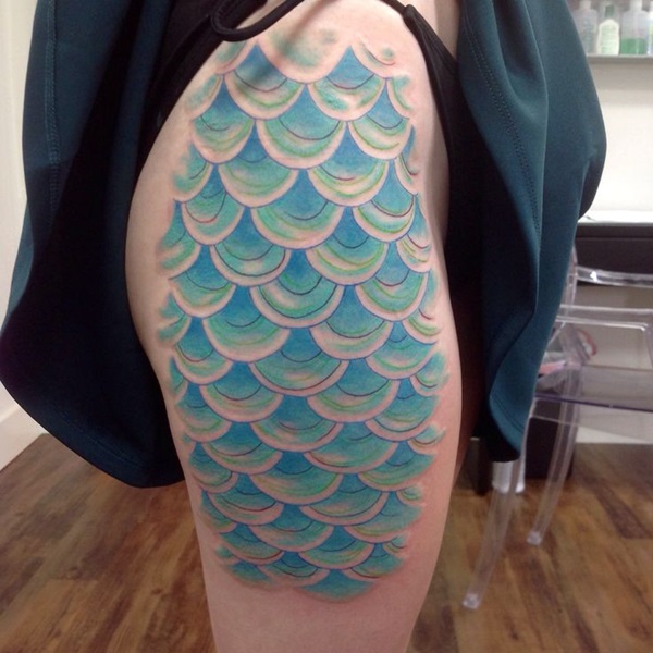 Colorful Mermaid Scale Tattoo On Right Thigh