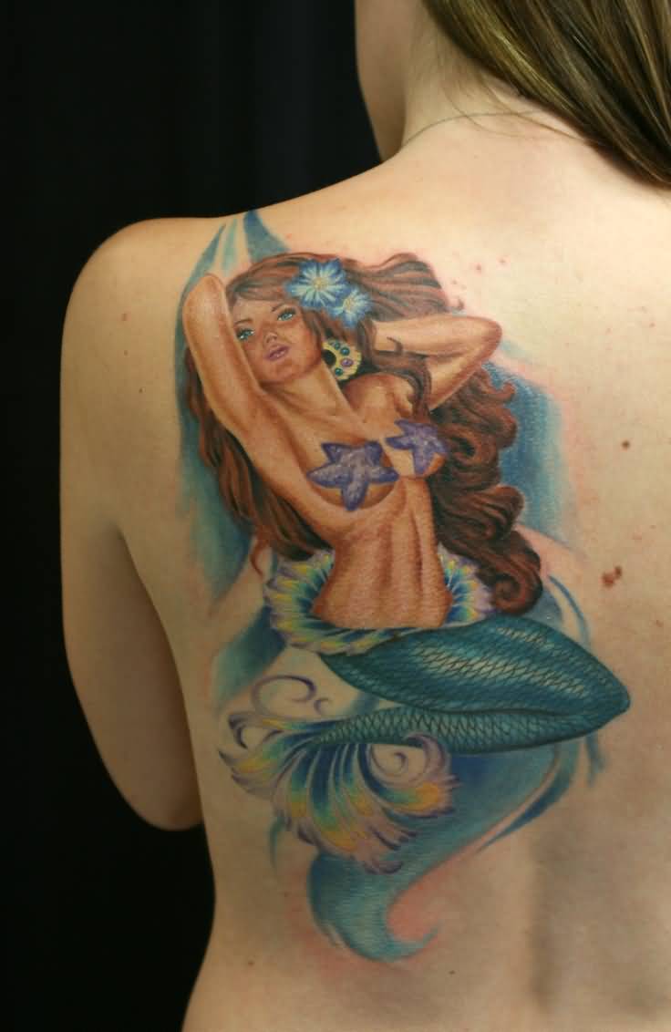 Colorful Mermaid Tattoo On Girl Left Back Shoulder