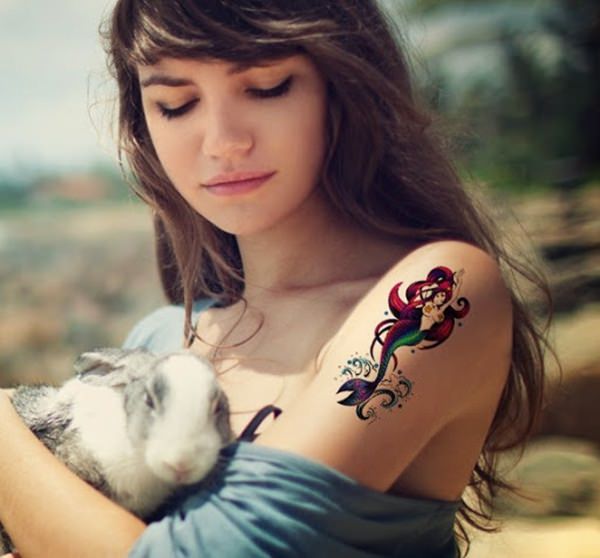Colorful Mermaid Tattoo On Girl Left Shoulder