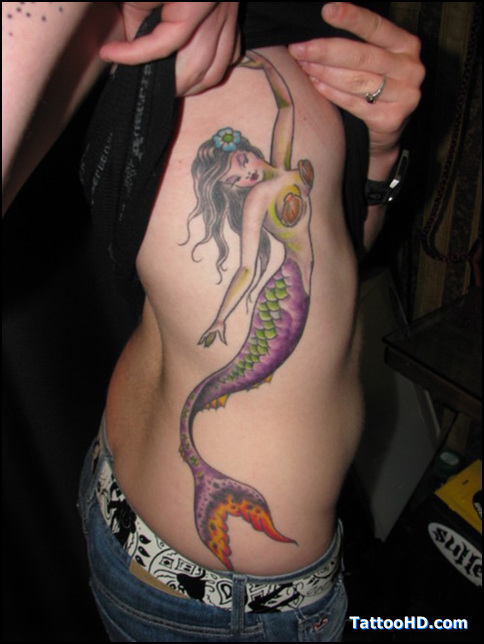 Colorful Mermaid Tattoo On Girl Right Side Rib