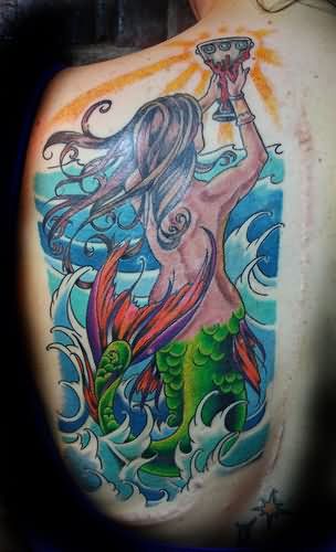 Colorful Mermaid Tattoo On Left Back Shoulder